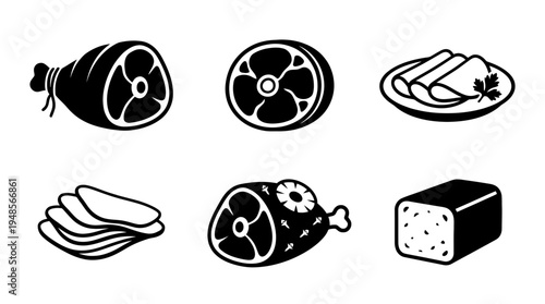 collection of ham, 6 filled black minimal icon vector set , white background , PNG and SVG isolate