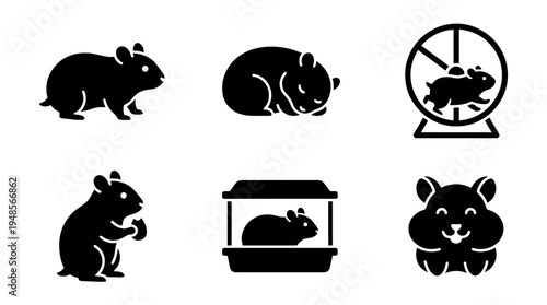 collection of hamster, 6 filled black minimal icon vector set , white background , PNG and SVG isolate