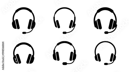 collection of headset, 6 filled black minimal icon vector set , white background , PNG and SVG isolate