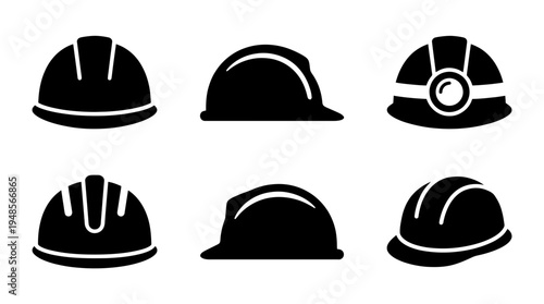 collection of hard hat, 6 filled black minimal icon vector set , white background , PNG and SVG isolate