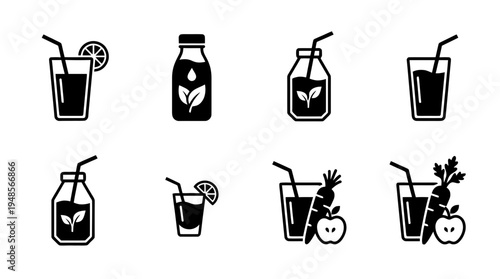collection of healthy juice, 6 filled black minimal icon vector set , white background , PNG and SVG isolate