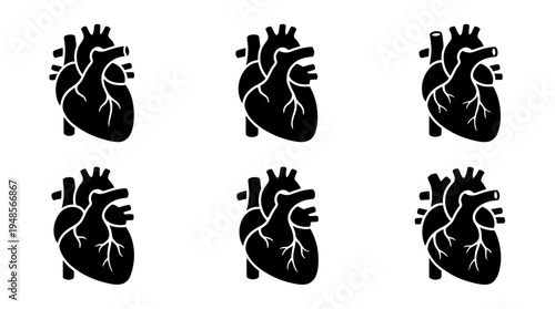 collection of heart organ, 6 filled black minimal icon vector set , white background , PNG and SVG isolate