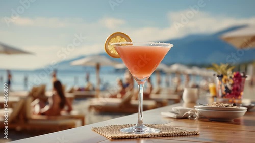 Pink cocktail on beachside table at seaside resort
