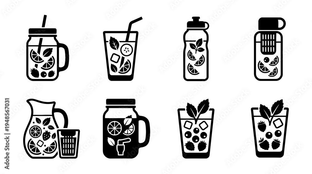 Fototapeta premium collection of infused water, 6 filled black minimal icon vector set , white background , PNG and SVG isolate