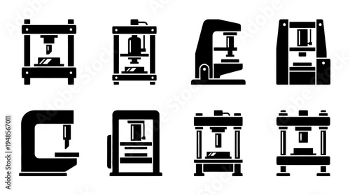 collection of hydraulic press, 6 filled black minimal icon vector set , white background , PNG and SVG isolate