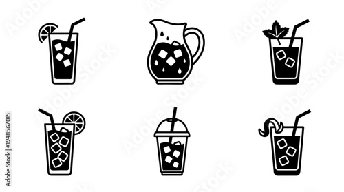collection of iced tea, 6 filled black minimal icon vector set , white background , PNG and SVG isolate