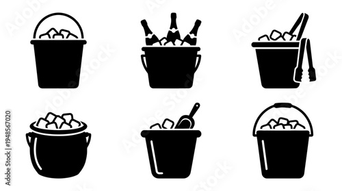 collection of ice bucket, 6 filled black minimal icon vector set , white background , PNG and SVG isolate