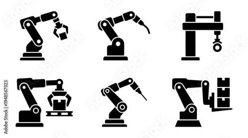 collection of industrial robot arm, 6 filled black minimal icon vector set , white background , PNG and SVG isolate