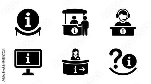 collection of information desk, 6 filled black minimal icon vector set , white background , PNG and SVG isolate