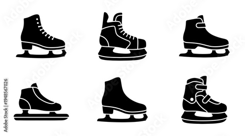 collection of ice skate, 6 filled black minimal icon vector set , white background , PNG and SVG isolate