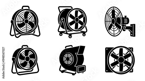 collection of industrial fan, 6 filled black minimal icon vector set , white background , PNG and SVG isolate