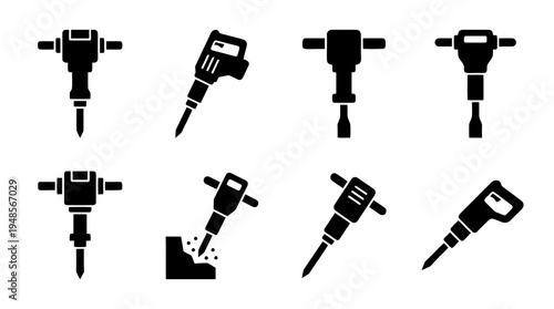 collection of jackhammer, 6 filled black minimal icon vector set , white background , PNG and SVG isolate
