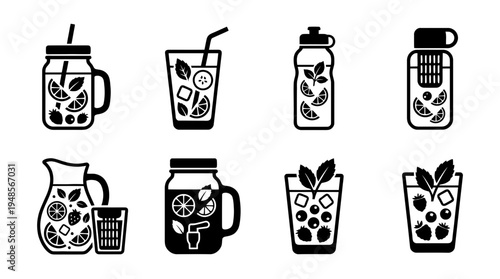 collection of infused water, 6 filled black minimal icon vector set , white background , PNG and SVG isolate