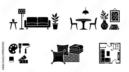 collection of interior decorating, 6 filled black minimal icon vector set , white background , PNG and SVG isolate