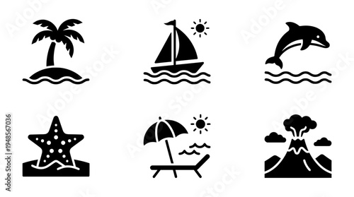 collection of island, 6 filled black minimal icon vector set , white background , PNG and SVG isolate
