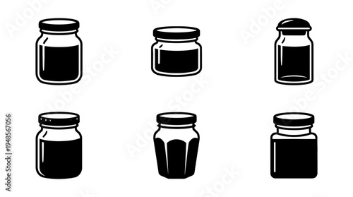 collection of jam jar, 6 filled black minimal icon vector set , white background , PNG and SVG isolate
