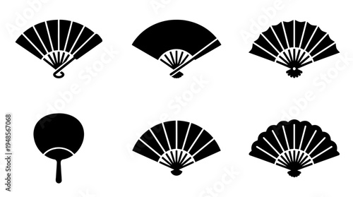 collection of japanese fan, 6 filled black minimal icon vector set , white background , PNG and SVG isolate