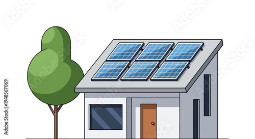 Minimalist Illustration of a Modern Sustainable House with Solar Panels on Roof for Clean Renewable Energy Concept