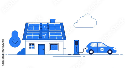 Eco-Friendly House with Solar Panels and Electric Car Charging Station Vector Illustration