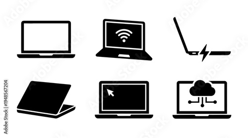 collection of laptop, 6 filled black minimal icon vector set , white background , PNG and SVG isolate