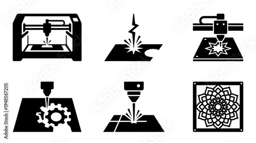 collection of laser cutter, 6 filled black minimal icon vector set , white background , PNG and SVG isolate