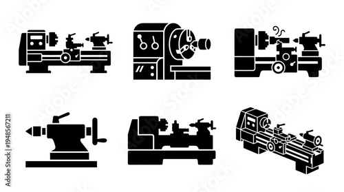 collection of lathe machine, 6 filled black minimal icon vector set , white background , PNG and SVG isolate