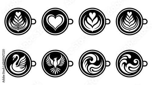 collection of latte art, 6 filled black minimal icon vector set , white background , PNG and SVG isolate