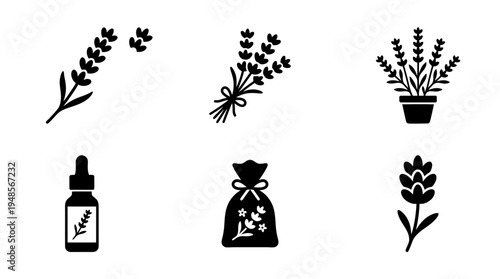 collection of lavender, 6 filled black minimal icon vector set , white background , PNG and SVG isolate