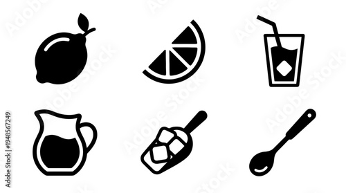 collection of lemonade, 6 filled black minimal icon vector set , white background , PNG and SVG isolate