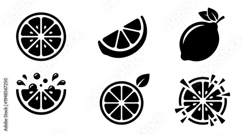 collection of lemon slice, 6 filled black minimal icon vector set , white background , PNG and SVG isolate