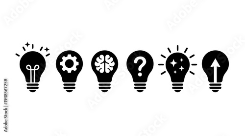 collection of light bulb idea, 6 filled black minimal icon vector set , white background , PNG and SVG isolate