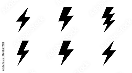 collection of light bolt, 6 filled black minimal icon vector set , white background , PNG and SVG isolate