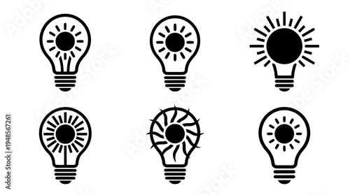 collection of light bulb sun, 6 filled black minimal icon vector set , white background , PNG and SVG isolate