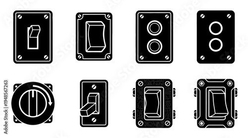 collection of light switch industrial, 6 filled black minimal icon vector set , white background , PNG and SVG isolate