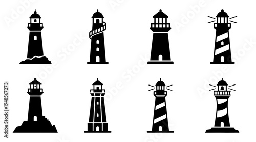 collection of lighthouse, 6 filled black minimal icon vector set , white background , PNG and SVG isolate