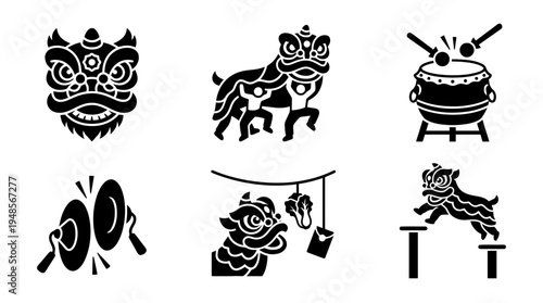 collection of lion dance, 6 filled black minimal icon vector set , white background , PNG and SVG isolate