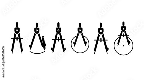 collection of math compass, 6 filled black minimal icon vector set , white background , PNG and SVG isolate