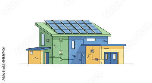 Sustainable Eco-Friendly Smart Home Vector Illustration with Solar Panels and Digital Circuitry