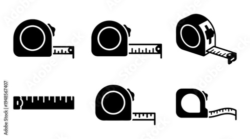collection of measuring tape, 6 filled black minimal icon vector set , white background , PNG and SVG isolate