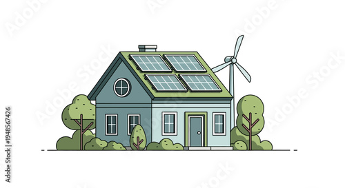 Sustainable Eco-Friendly House with Solar Panels and Wind Turbine Illustration. Renewable Green Energy Home Concept Vector