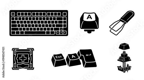 collection of mechanical keyboard, 6 filled black minimal icon vector set , white background , PNG and SVG isolate