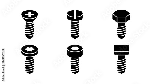 collection of metal screw, 6 filled black minimal icon vector set , white background , PNG and SVG isolate