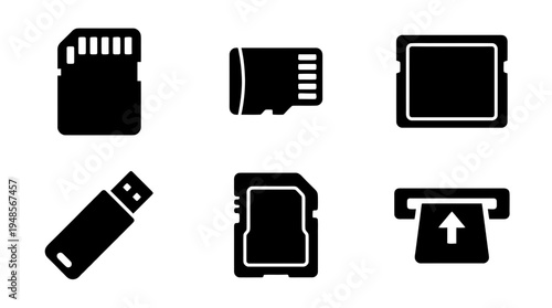 collection of memory card, 6 filled black minimal icon vector set , white background , PNG and SVG isolate
