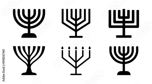 collection of menorah, 6 filled black minimal icon vector set , white background , PNG and SVG isolate