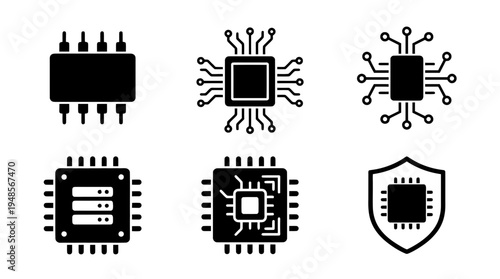 collection of microchip, 6 filled black minimal icon vector set , white background , PNG and SVG isolate