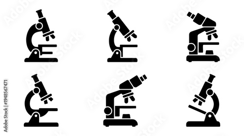 collection of microscope, 6 filled black minimal icon vector set , white background , PNG and SVG isolate