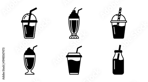 collection of milkshake, 6 filled black minimal icon vector set , white background , PNG and SVG isolate