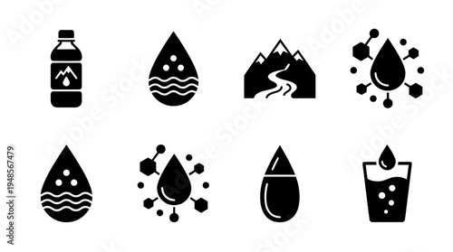collection of mineral water, 6 filled black minimal icon vector set , white background , PNG and SVG isolate