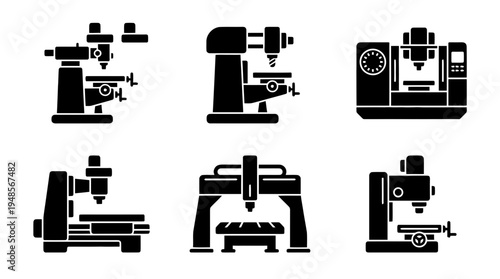 collection of milling machine, 6 filled black minimal icon vector set , white background , PNG and SVG isolate