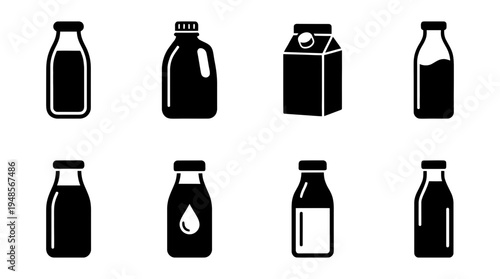 collection of milk bottle, 6 filled black minimal icon vector set , white background , PNG and SVG isolate